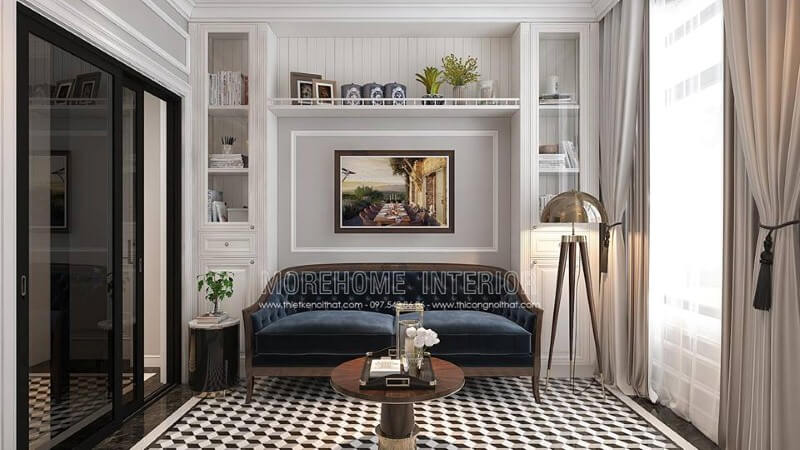 Kệ trang trí cùng ghế sofa được trang trí khá hợp lý giúp không gian vừa trở nên thông thoáng nhưng lại tạo điểm nhấn ấn tượng, độc đáo cho phòng đọc sách. Mẫu sofa gỗ óc chó sang trọng