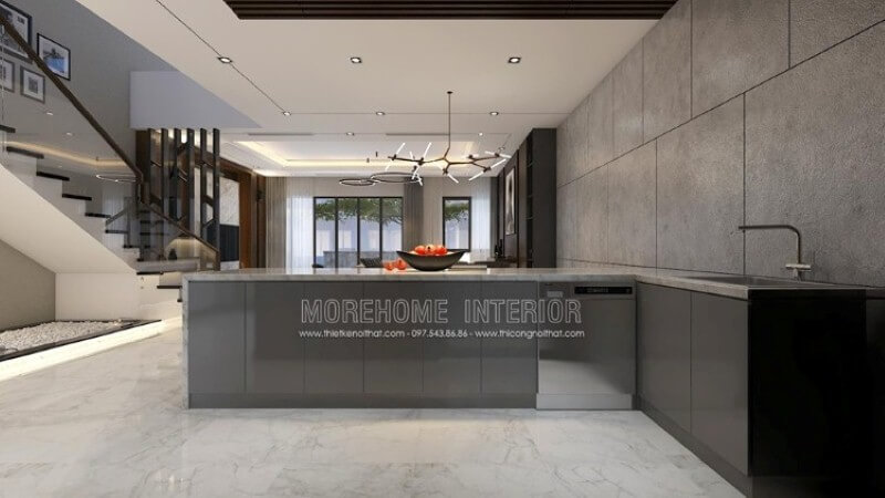 Bố trí nội thất hiện đại đẹp, độc đáo với gam màu ghi nổi bật trong toàn không gian bếp từ bộ tủ bếp đảo gỗ acrylic sáng bóng được phủ bề mặt đá ốp sang trọng, gạch ốp tường giả bê tông. Tủ bếp gỗ công nghiệp và tủ bếp acrylic