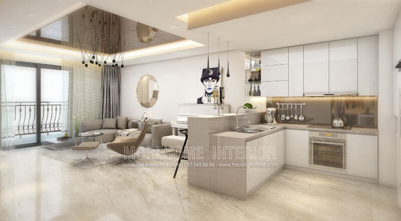Tủ bếp gỗ công nghiệp màu trắng tinh tế, cùng tone màu với không gian sinh hoạt chung khác tạo nên sự đồng nhất, sang trọng mà không bị rối mắt Tủ bếp gỗ công nghiệp và tủ bếp acrylic