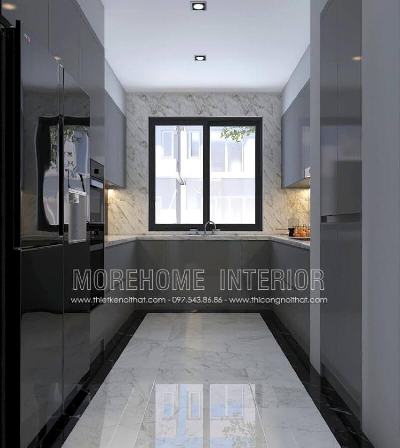 Trang trí phòng bếp với tủ bếp hình chữ U màu xám là một ý tưởng sử dụng tối đa diện tích và có thể lưu trữ những vật dụng phát sinh cần thiết trong sinh hoạt gia đình phù hợp với mọi không gian hiện đại từ chung cư, nhà phố, biệt thự. Thiết kế tủ bếp chung cư