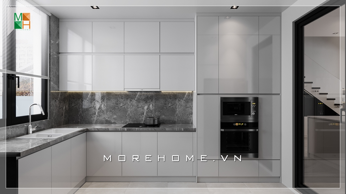 Mẫu tủ bếp màu trắng gỗ Acrylic đẹp hiện đại rất tiện nghi Thiết kế tủ bếp chung cư