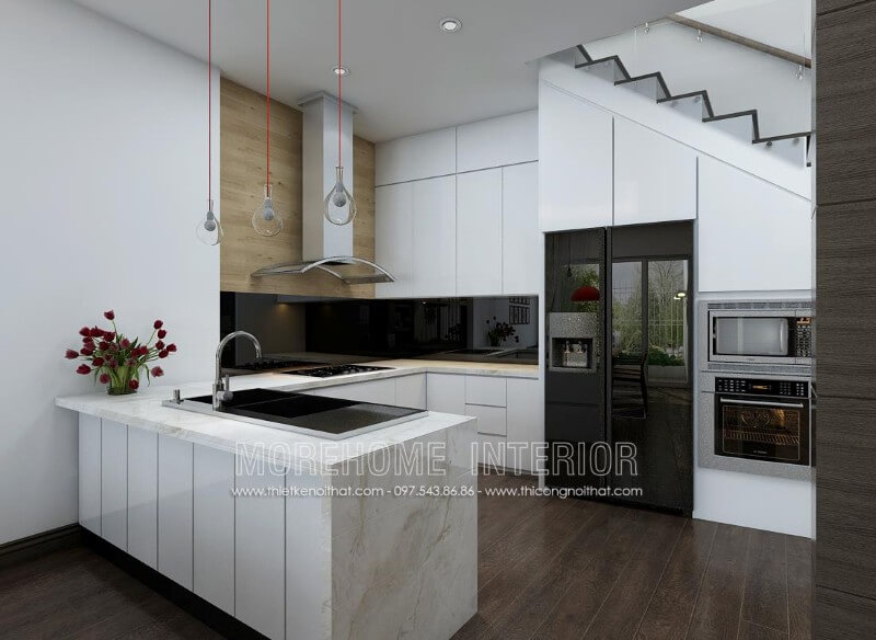 Một trong những mẫu tủ bếp gỗ An Cường giá rẻ được lựa chọn nhiều tại Morehome Tủ bếp gỗ công nghiệp