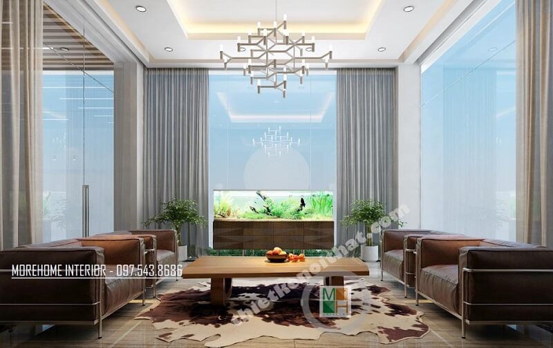 Trang trí nội thất phòng khách công ty VCC hiện đại,sang trọng với diện tích lớn tạo ấn tượng cho khách hàng trước vẻ đẹp choáng ngợp của căn phòng
