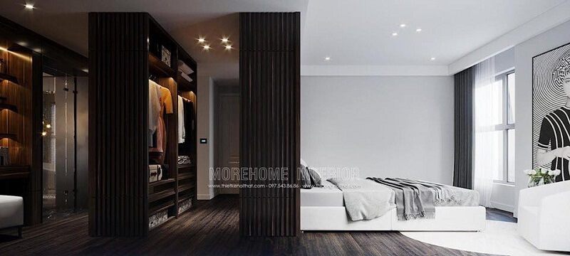 Mẫu thiết kế phòng thay đồ với hệ tủ quần áo đẹp màu nâu trầm phù hợp với không gian diện tích lớn cho phòng thay đồ biêt thự, nhà cao tầng