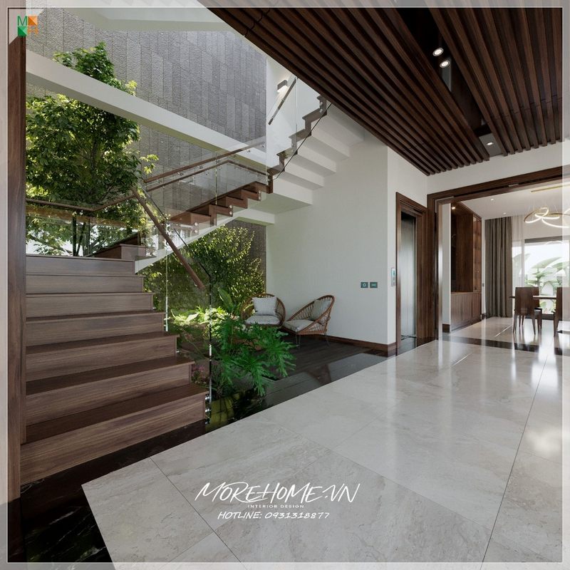 Cầu thang gỗ kính hiện đại lối di chuyển của nhà thoáng đãng mở rộng
