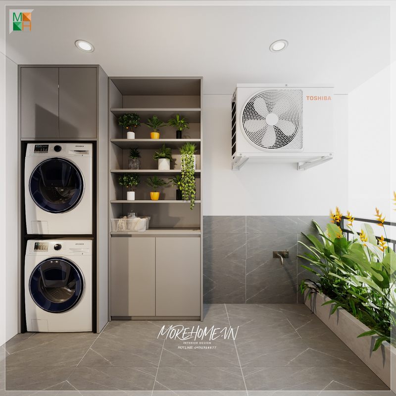 Kệ tủ gỗ công nghiệp hiện đại sắp xếp trưng bày những chậu cây nhỏ bé xinh xắn và tiện lợi để cất trữ đồ dùng cần thiết