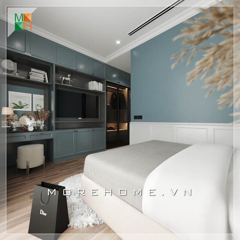 Một chiếc giường sofa khung gỗ là sự lựa chọn phù hợp nhất cho căn phòng ngủ hiện đại này. Màu sắc chiếc giường trang nhã kết hợp giữa màu trắng và be rất hài hòa tôn lên vẻ trẻ trung và hiện đại cho ăn phòng ngủ.