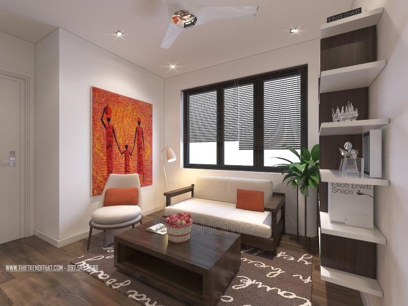 Mảng tường không bị thô cứng với mẫu tranh treo tường canvas làm điểm nhấn cho không gian phòng
