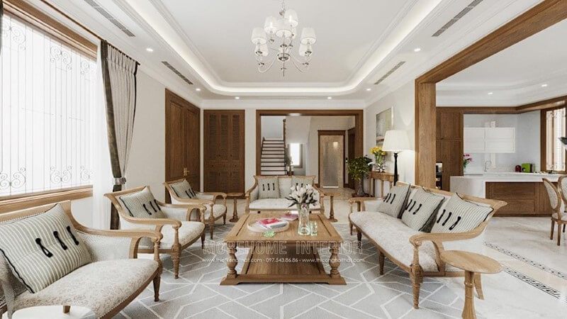 Thiết kế nội thất gỗ tự nhiên cao cấp cho phòng khách tạo lên vẻ đẹp lỗng lẫy và đẳng cấp
