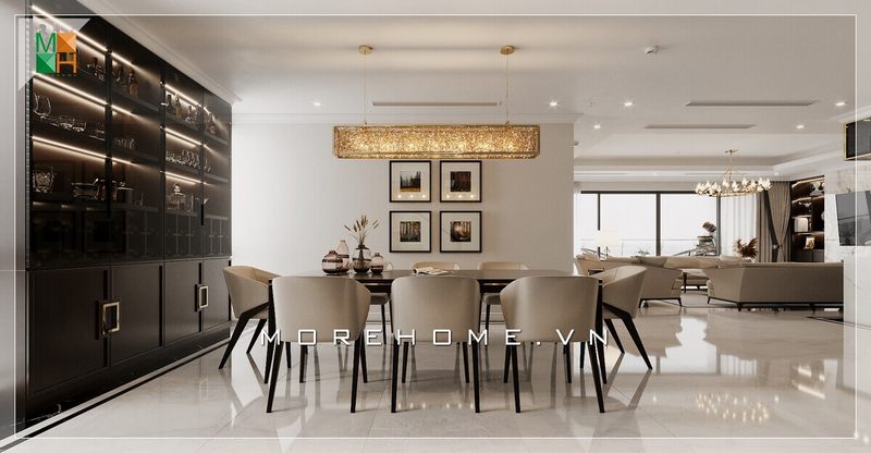 Mẫu thiết kế phòng ăn liền phòng khách đẳng cấp, thể hiện tính liền mạch và phát huy được hết công năng của một ngôi nhà.