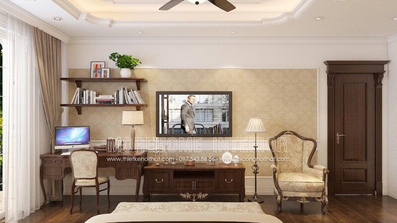 Kệ tivi tân cổ điển có màu óc chó đẹp tinh tế và được làm từ gỗ tự nhiên, rất phù hợp để trang trí phòng ngủ.