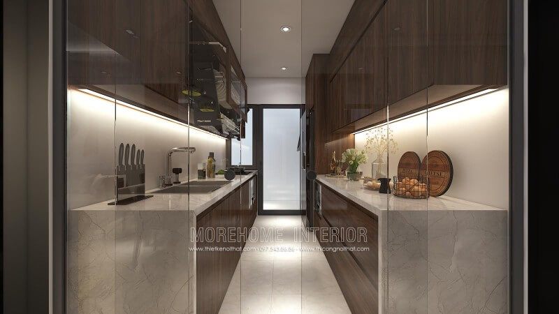 Mẫu tủ bếp đầy đủ các tiện ích và hiện đại dành cho các căn hộ cao cấp.